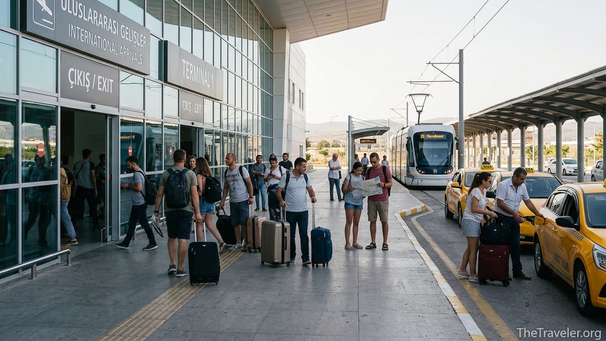 Travelers exiting Antalya Airport arrivals toward taxi ranks and tram stop on a sunny day.