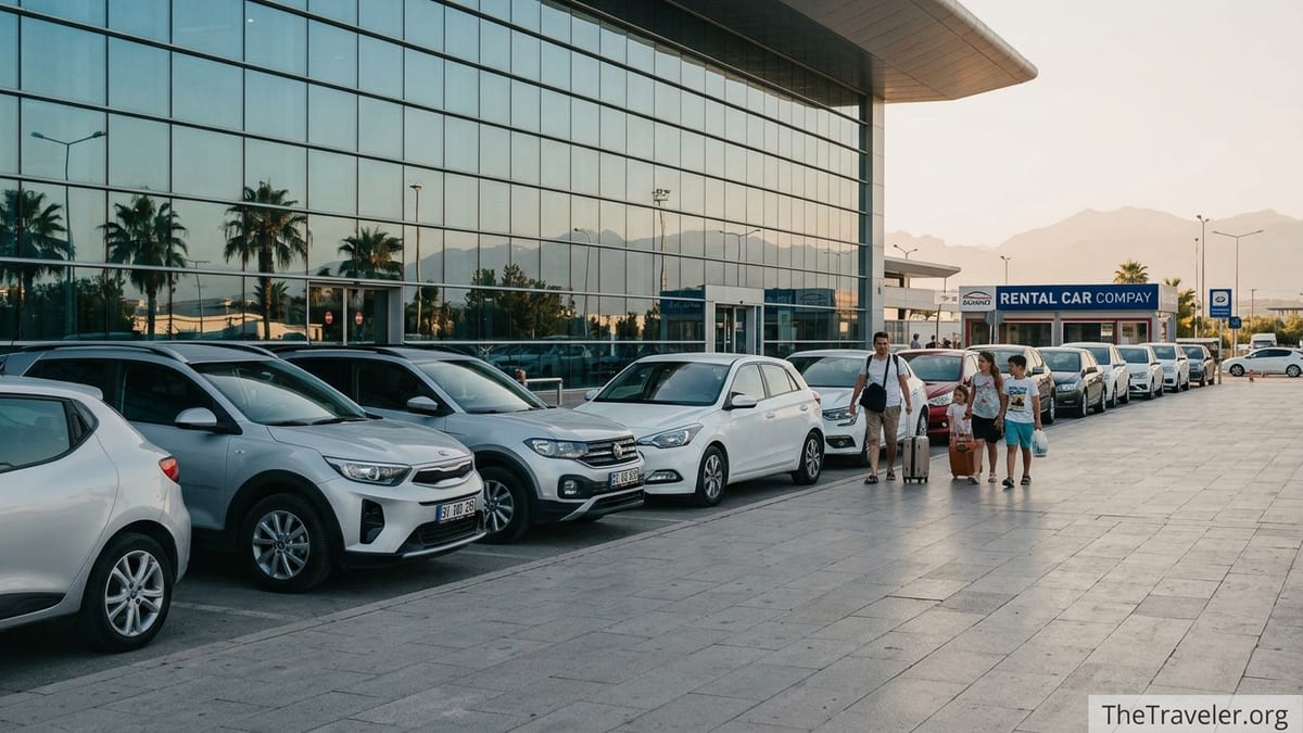 Row of rental cars outside Antalya Airport with travelers walking toward a vehicle in late-afternoon light.