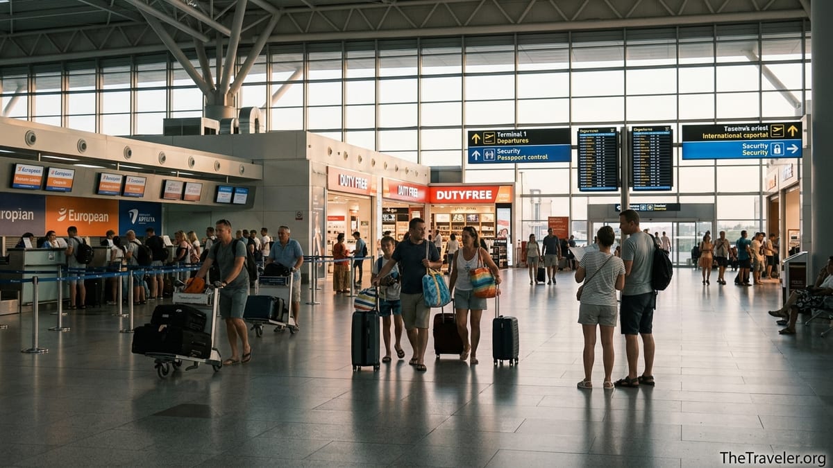 Busy departures hall at Antalya Airport with travelers walking past check-in and duty free signs.