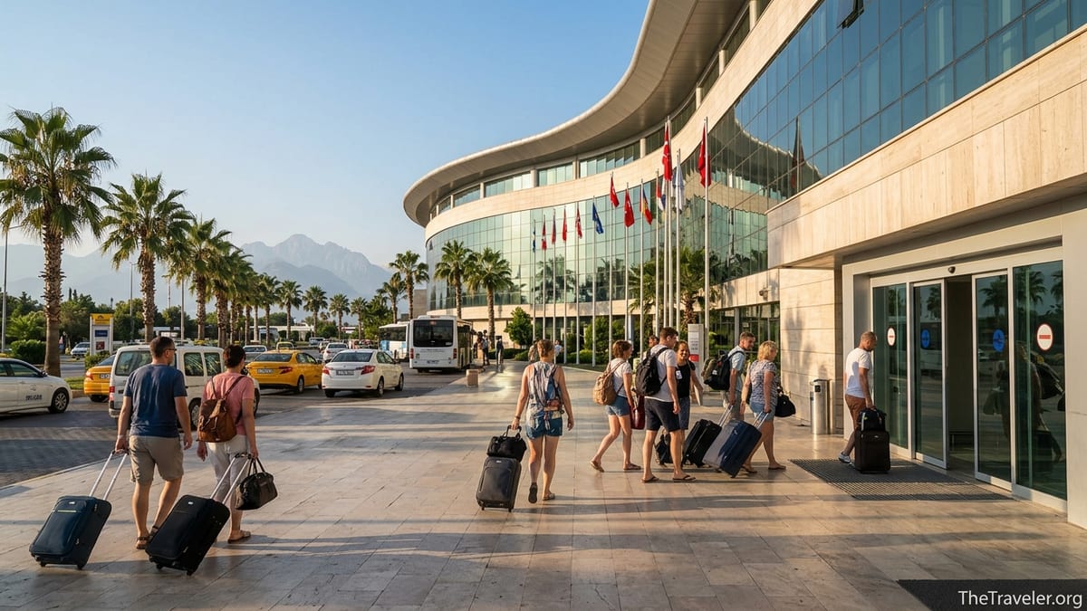 Early morning scene outside Antalya Airport with travelers, taxis and palm trees.