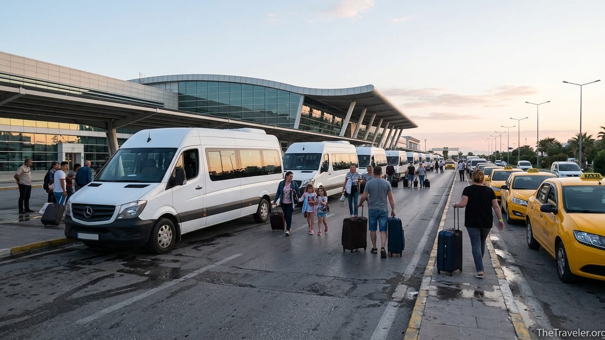 Passengers boarding minibuses and taxis outside Antalya Airport at sunrise.