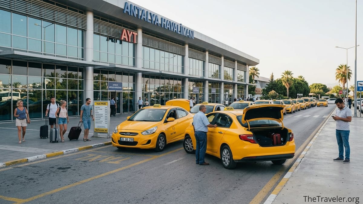 Yellow taxis lined up outside Antalya Airport arrivals as travelers with luggage head toward the city centre.