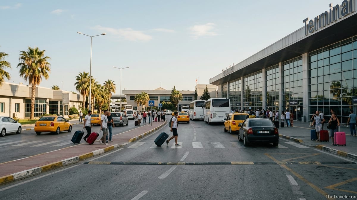 Travelers and taxis outside a busy terminal at Antalya Airport on a sunny day.