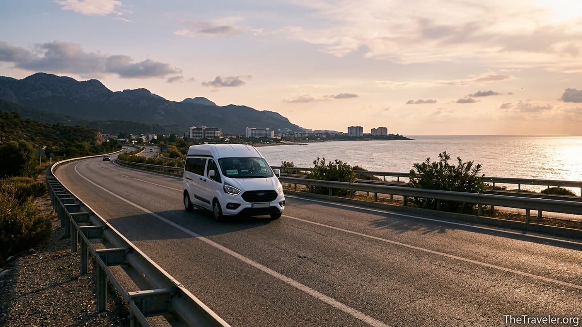 Airport transfer minivan driving along the Antalya to Alanya coastal highway at sunset.