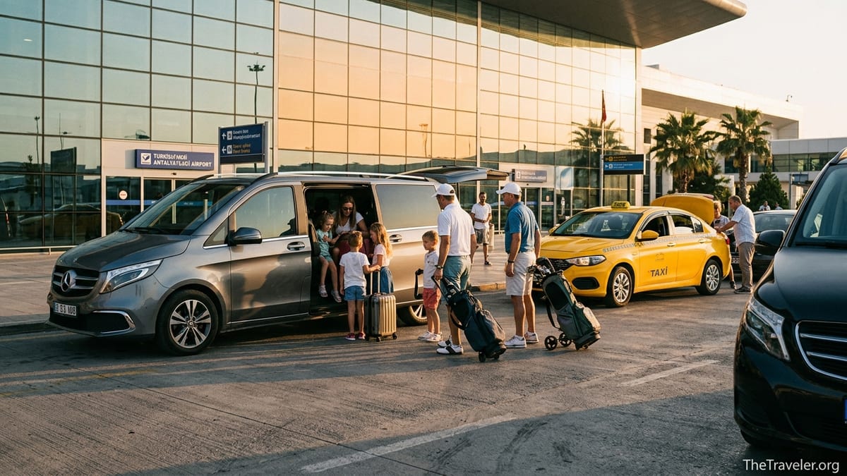 Travelers boarding a private transfer and taxi outside Antalya Airport at sunset.