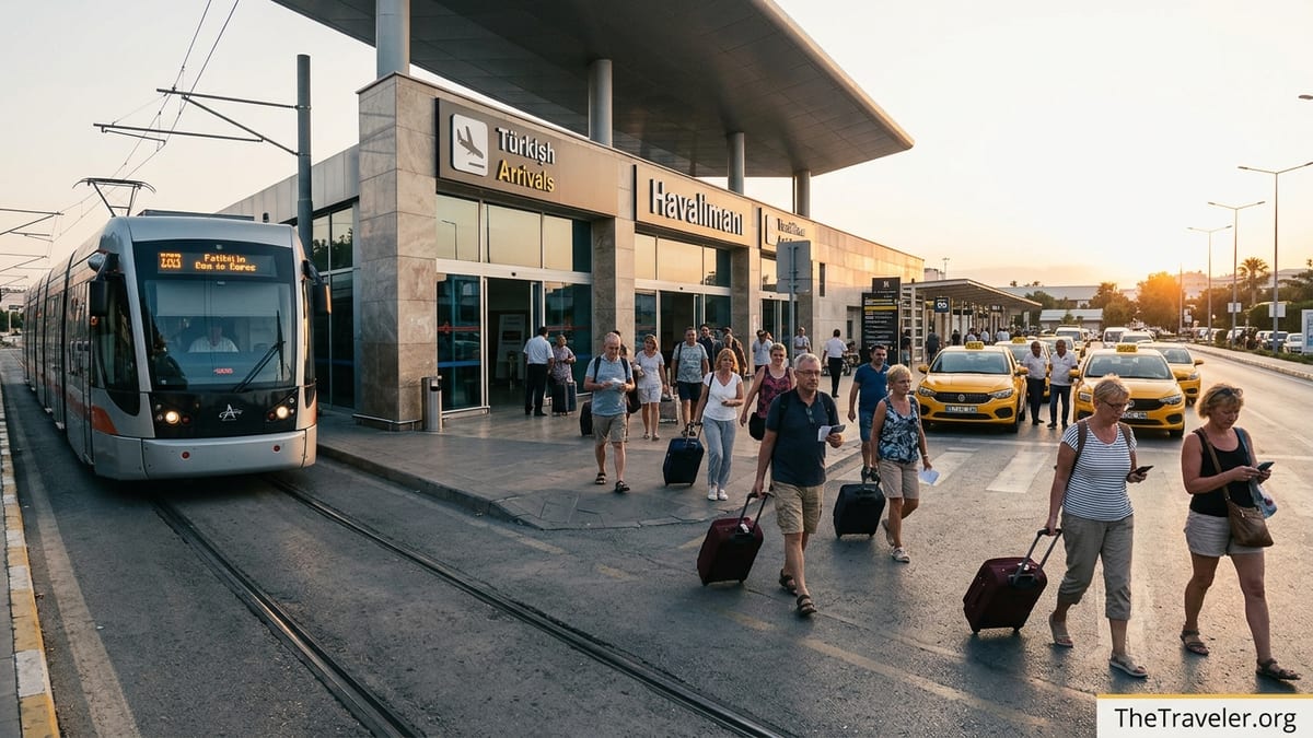 Travellers outside Antalya Airport choosing between tram and taxi into the city centre.