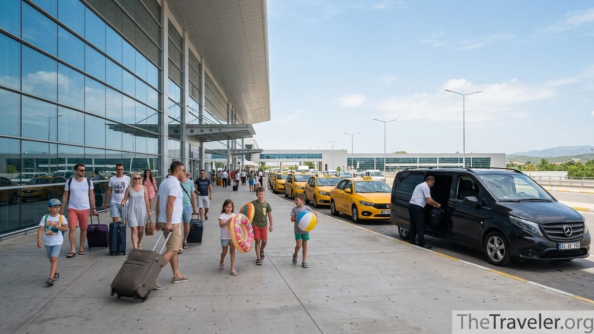 Travelers with luggage boarding taxis and a private minivan outside Antalya Airport on a sunny day.