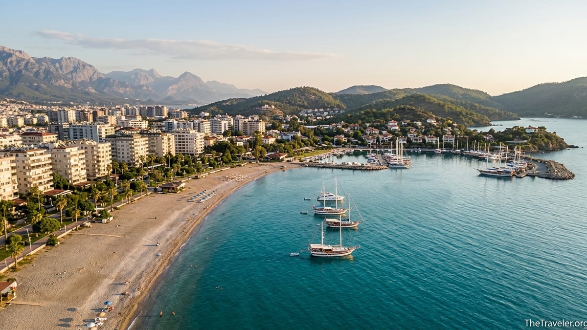 Aerial view of Antalya city beach blending into a quieter Fethiye-style harbor on the Turkish Riviera.