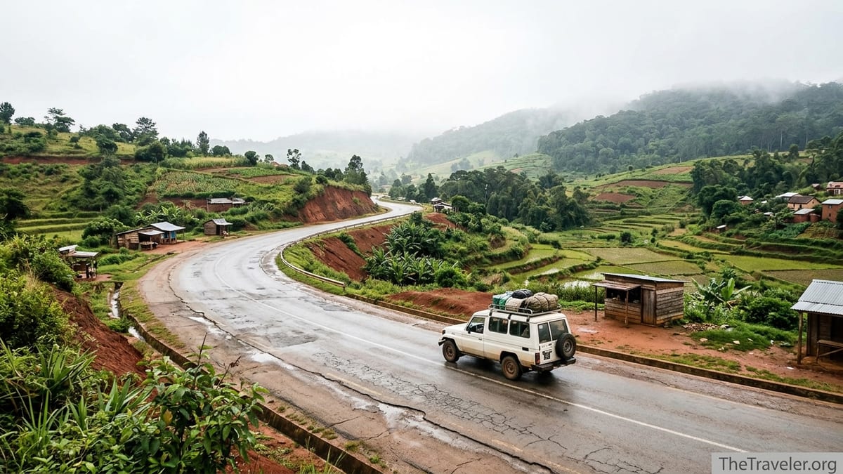 Curving RN2 road through green hills with 4x4 driving toward Andasibe in misty morning light.