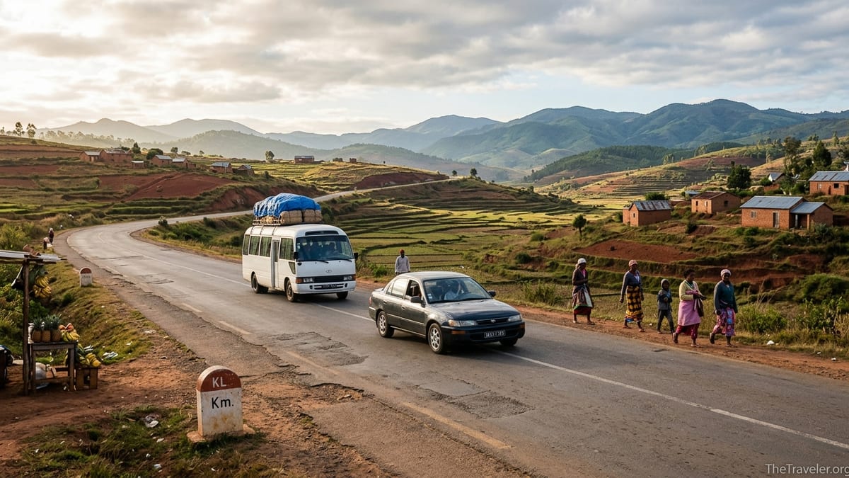 Paved RN7 road near Ambatolampy with vehicles and rice terraces in Madagascar’s Highlands.