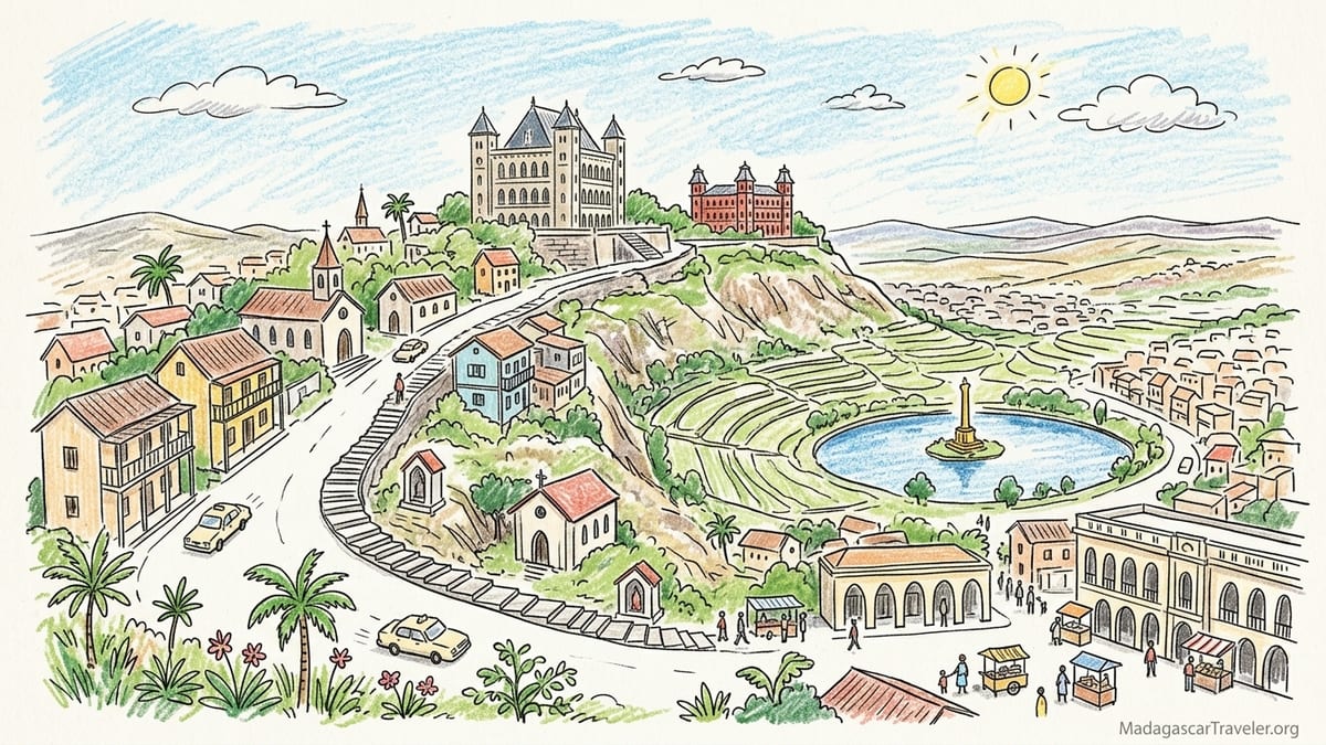 Panoramic morning view over Antananarivo from the royal hill, showing Rova palaces, terracotta houses and Lake Anosy below.