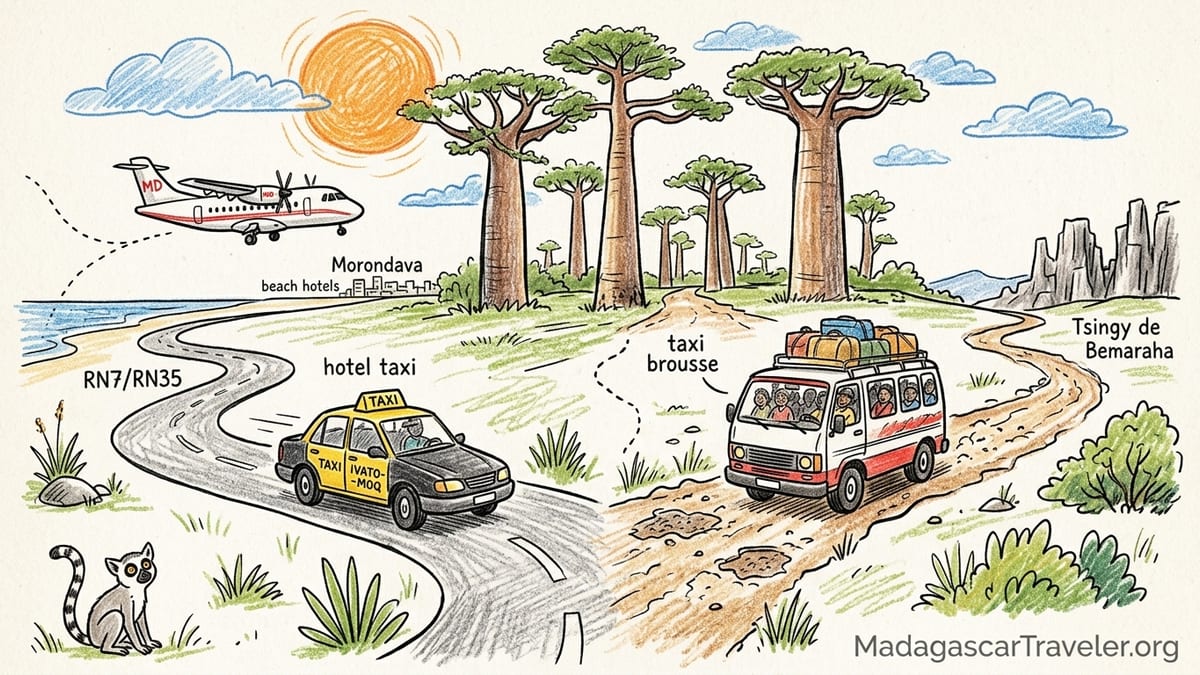 A turboprop plane approaches Morondava over red earth fields and baobab trees at sunrise.