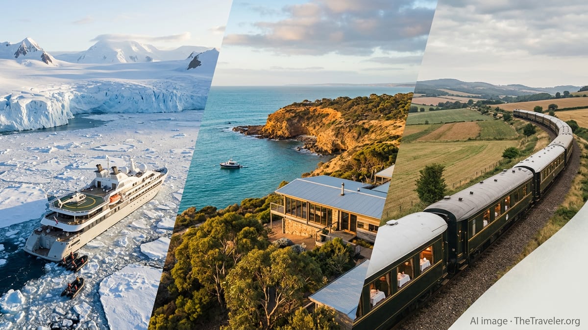 A luxury expedition ship, Australian coastal lodge and vintage European train in one panoramic travel scene.