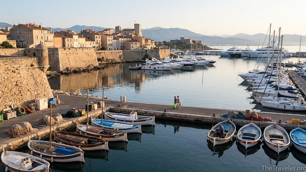Sunrise over Antibes old town and Port Vauban with fishing boats and yachts.