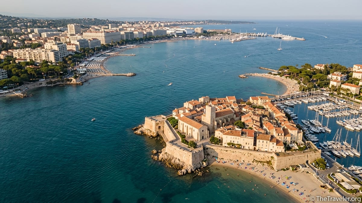 Aerial coastal view of Antibes old town and Cannes skyline along the Côte d’Azur.