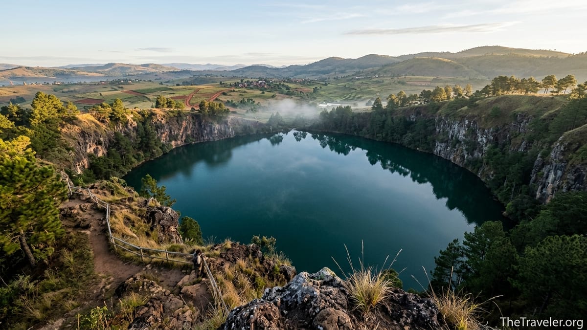 Crater lake Tritriva near Antsirabe in Madagascar, seen from the rim at sunrise.