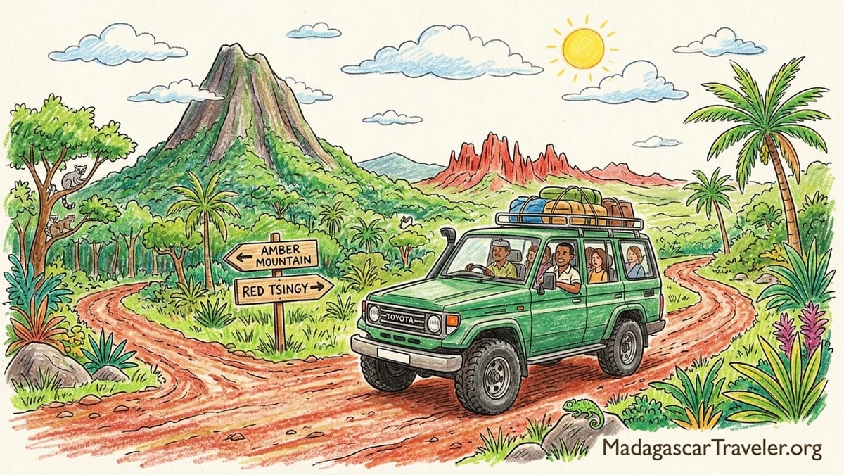 4x4 with driver parked on red dirt road above Diego Suarez bay at sunrise in northern Madagascar.