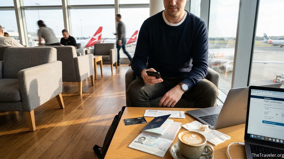 Traveller in an airport lounge using an ANZ Rewards Black card beside a passport and laptop.