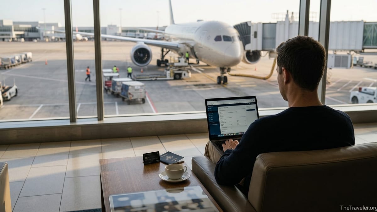 Frequent flyer in an airport lounge at sunset reviewing flights with a black credit card and laptop by the window.