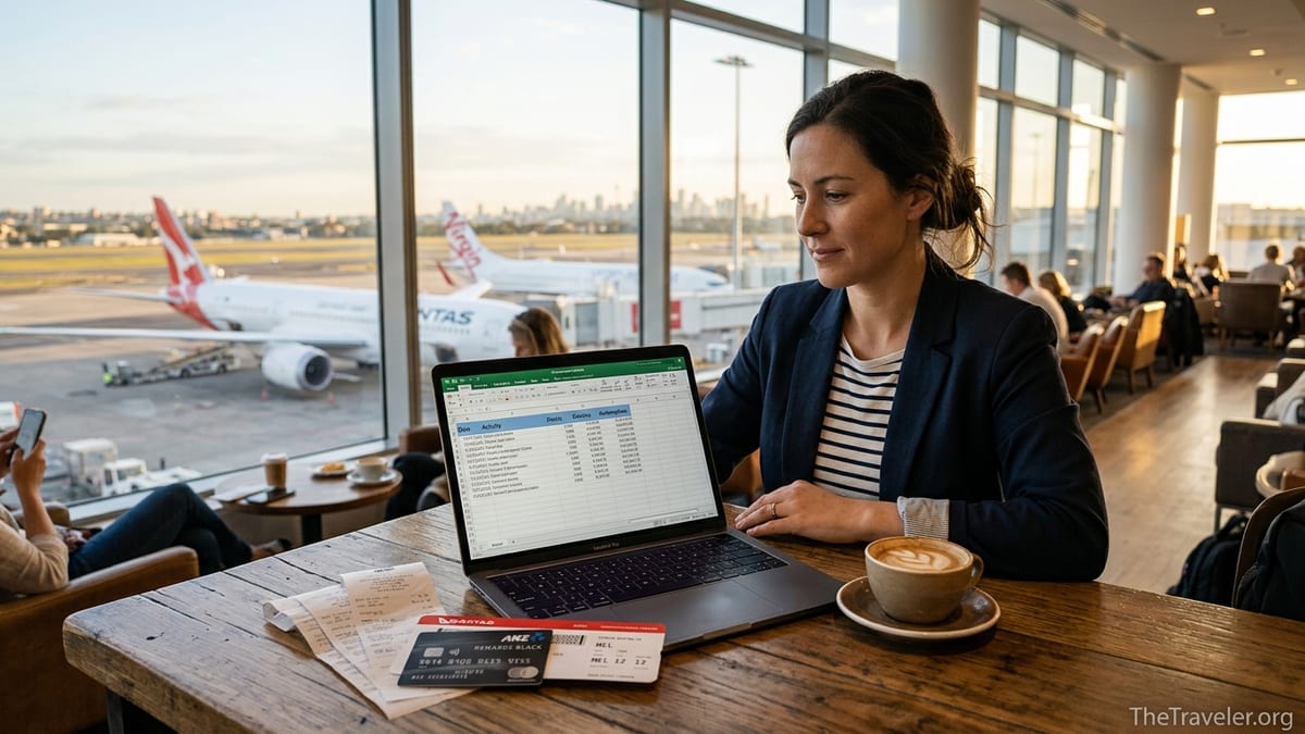 Traveller in an airport lounge reviewing ANZ Rewards Black points on a laptop beside a boarding pass and coffee.
