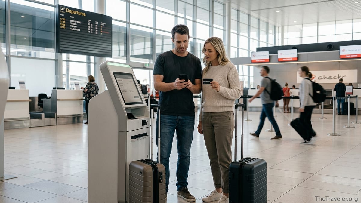 Australian couple at airport kiosk using a black credit card before an international flight