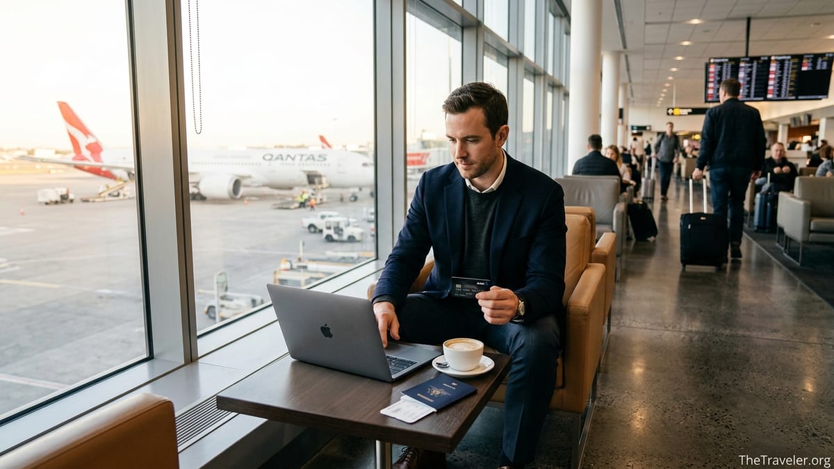 Traveller holding a black credit card beside laptop and passport in an airport lounge.