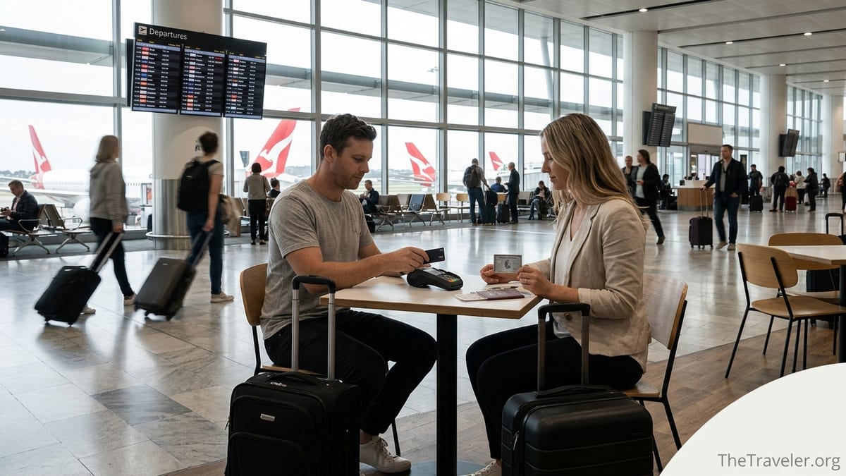 Traveller paying at Sydney airport café with two different travel credit cards visible on table.