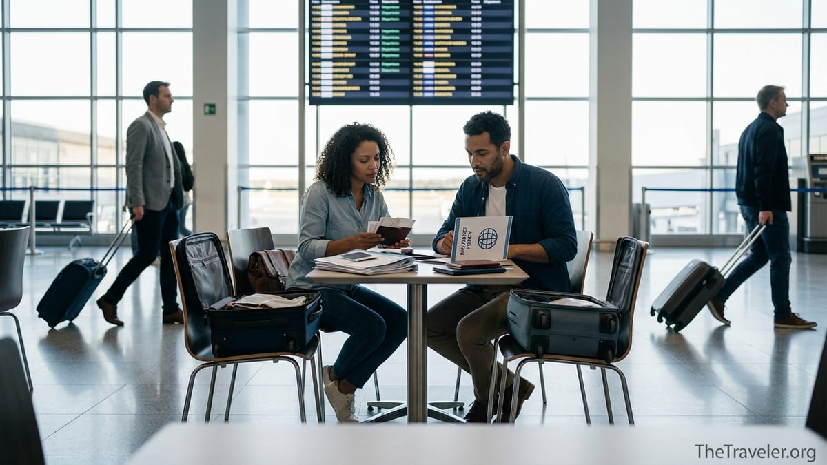 Travelers in an airport reviewing documents and travel insurance before departure.