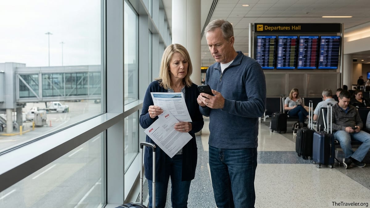 Older couple at airport window reviewing travel insurance papers amid flight cancellations.