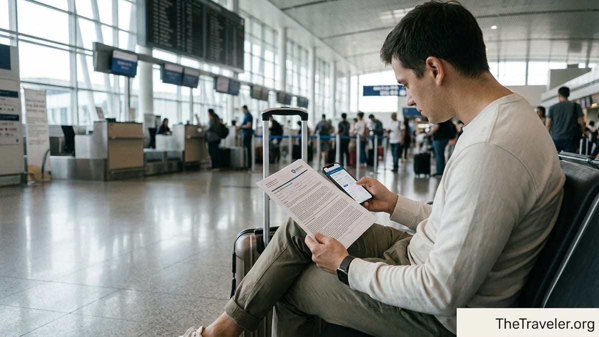 Traveler reviewing printed travel insurance documents at an airport check-in area.