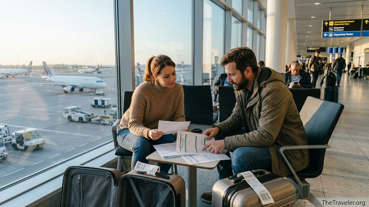 Couple reviewing travel insurance documents in a bright airport departure lounge at sunrise.