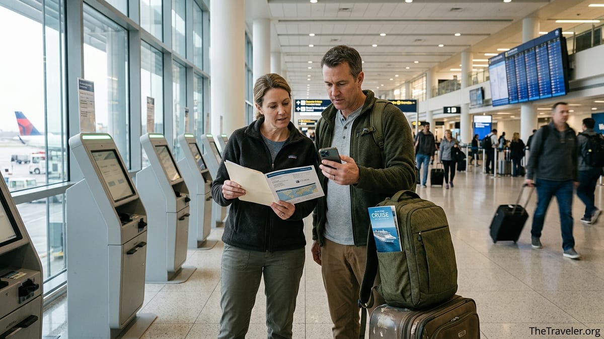 Travelers checking their trip documents and insurance on a phone in a busy airport terminal.