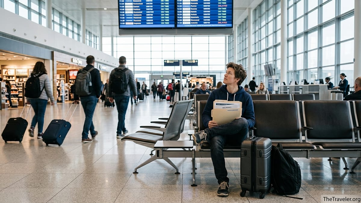 Traveler reviewing insurance documents in a busy airport departure hall.