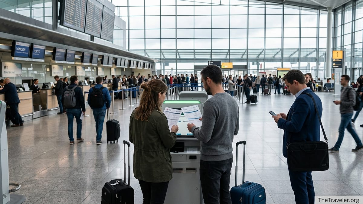 Travelers at an airport departures hall reviewing documents and choosing travel insurance at a kiosk.