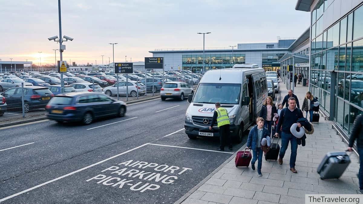 APH shuttle drops travellers at a UK airport terminal near a secure car park at dawn.