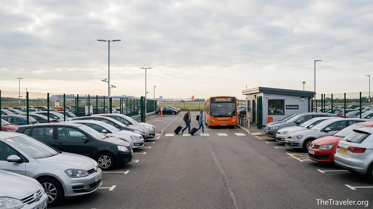 Travellers walking to an airport shuttle bus in an off-airport car park at dawn.
