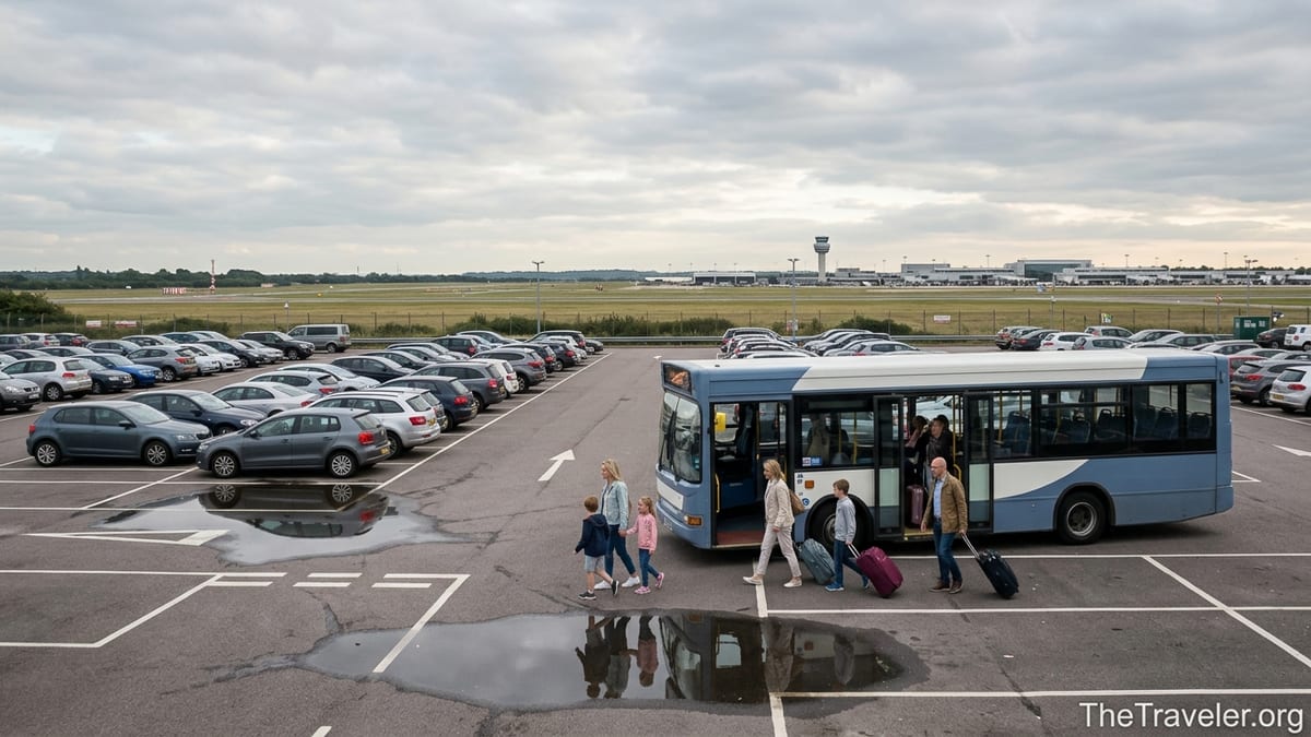 Travellers boarding a shuttle bus in a UK off-airport car park near a busy terminal.