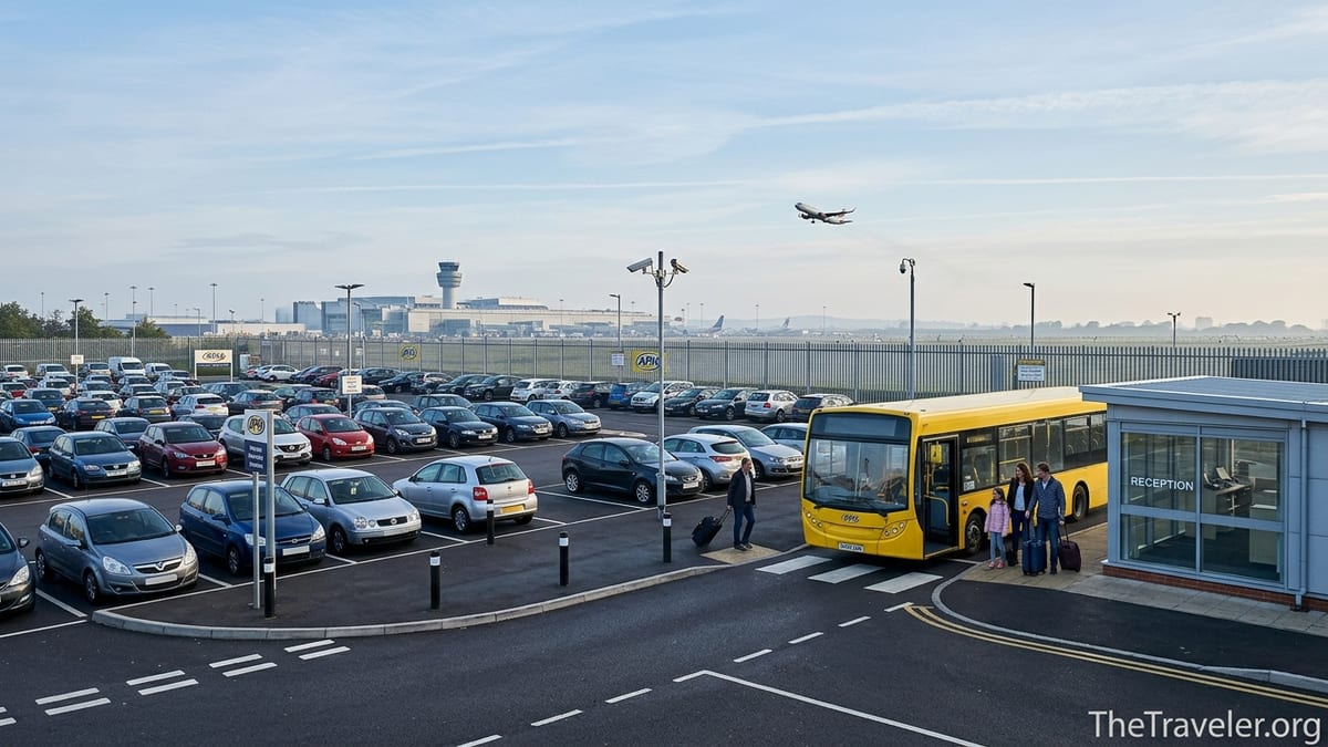 APH off-airport car park with shuttle bus and travelers heading to a nearby UK airport at sunrise.