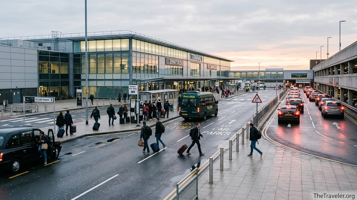Travellers parking and boarding a shuttle near a UK airport terminal at dawn.