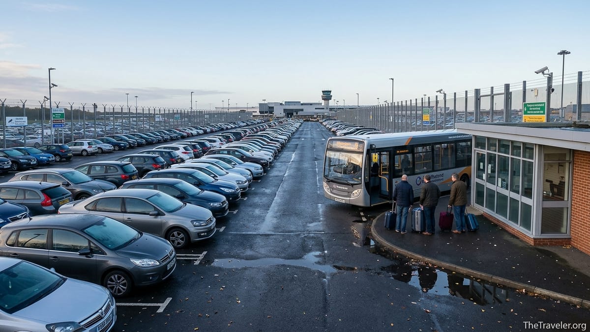Early morning view of a secure UK airport car park with shuttle bus and travelers.