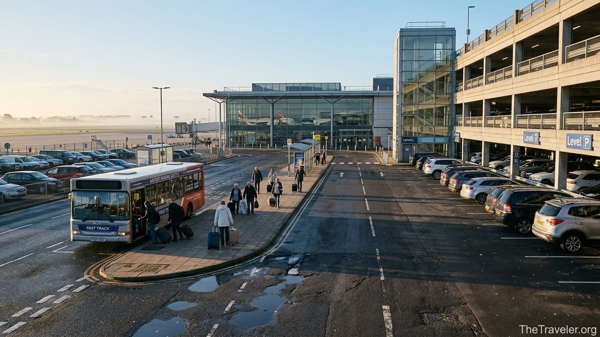 Passengers walking between an airport terminal car park and an off-airport shuttle bus at dawn.