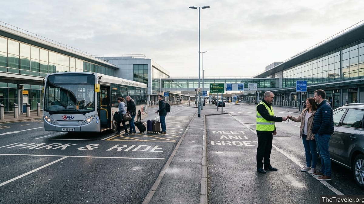 Travellers using APH shuttle and a meet and greet drop-off outside a busy UK airport terminal.
