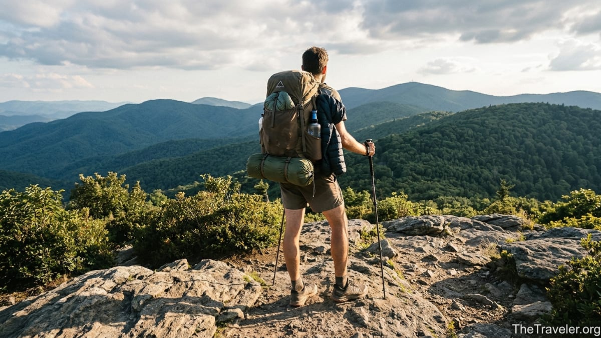 Thru-hiker on an Appalachian ridgeline at sunset carrying a streamlined backpack and essential gear.