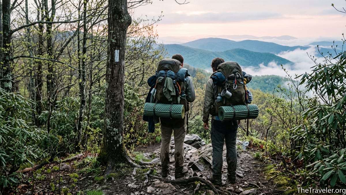 Overloaded Appalachian Trail hiker at dawn on a rocky ridge, looking toward misty blue mountains.