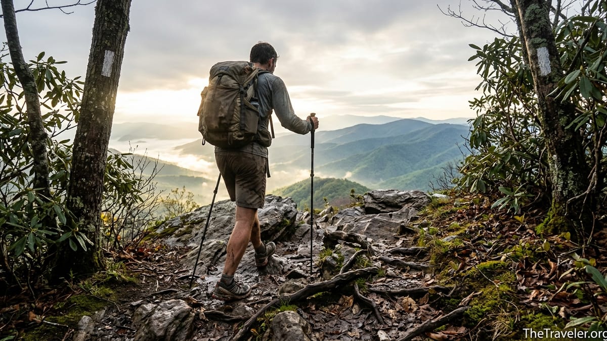 Thru-hiker climbing a rocky Appalachian Trail ridgeline at dawn with misty mountains beyond.