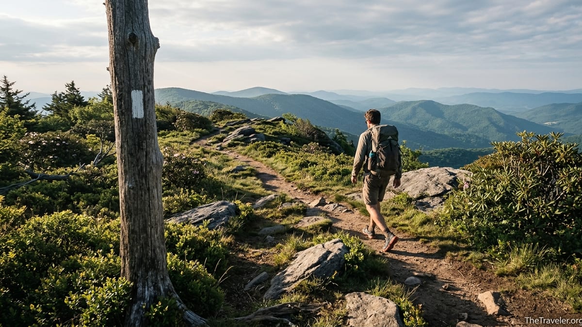 Backpacker hiking along a ridgeline on the Appalachian Trail with blue mountain layers at sunrise.