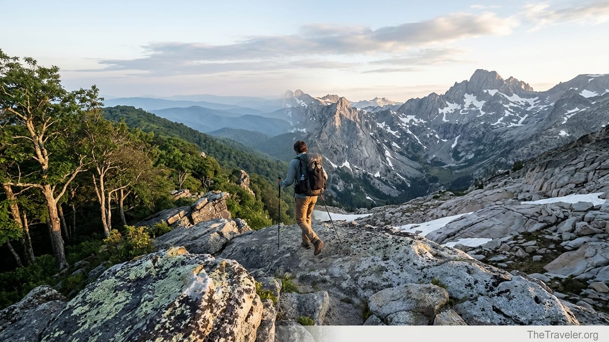 Backpacker walking a mountain ridge where the Appalachian Trail landscape blends into the Pacific Crest Trail scenery.