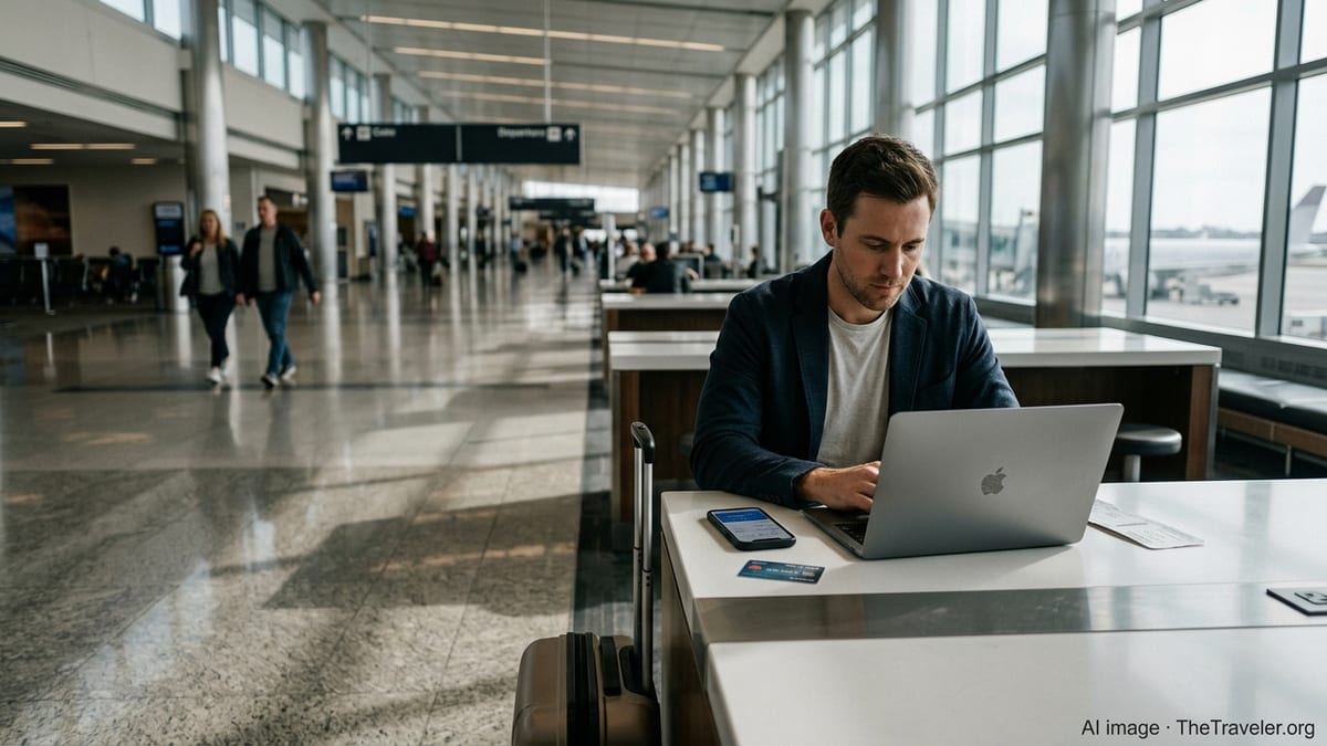 Traveler using Apple devices at an airport charging table while checking airline miles.