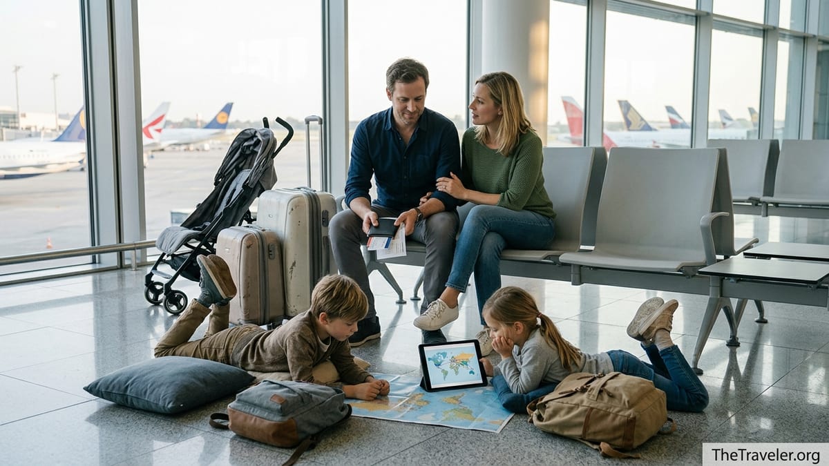 Family with children waiting at an international airport with luggage during a long-term trip.