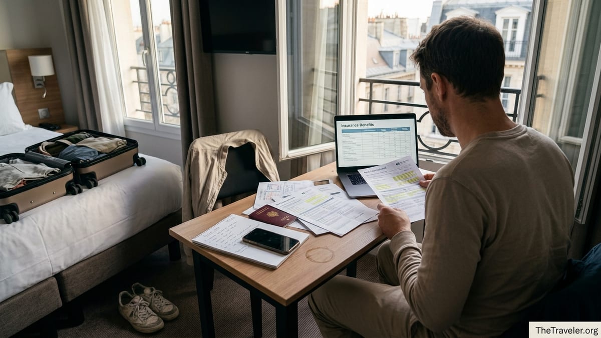 Traveler reviewing April International travel insurance documents at a hotel desk with passport and laptop.